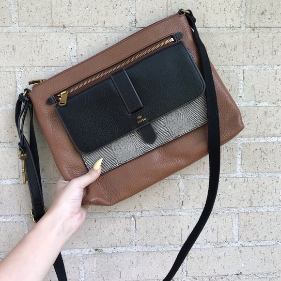 Fossil Shoes - Fossil brown colorblock leather shoulder satchel